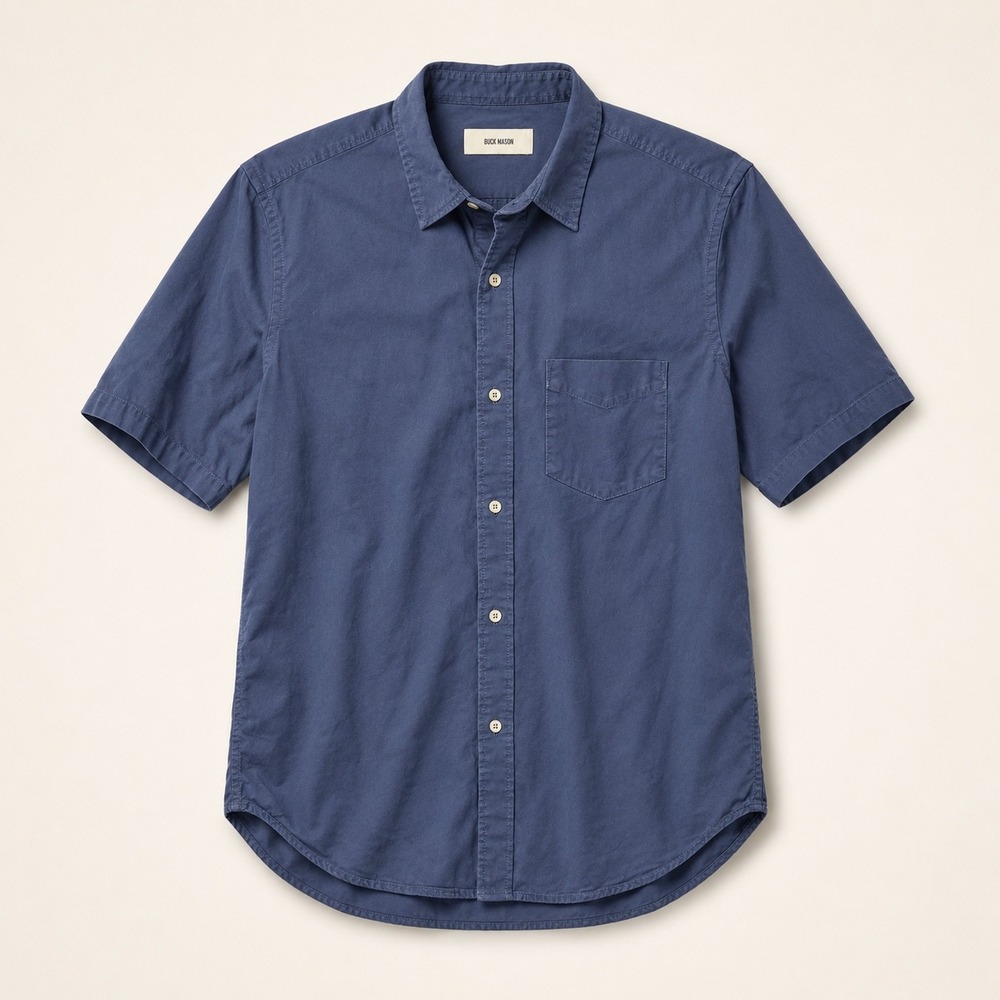 Buck Mason Mens Large Button Up Short Sleeve Shirt Slate Blue Cotton Rayon EUC
